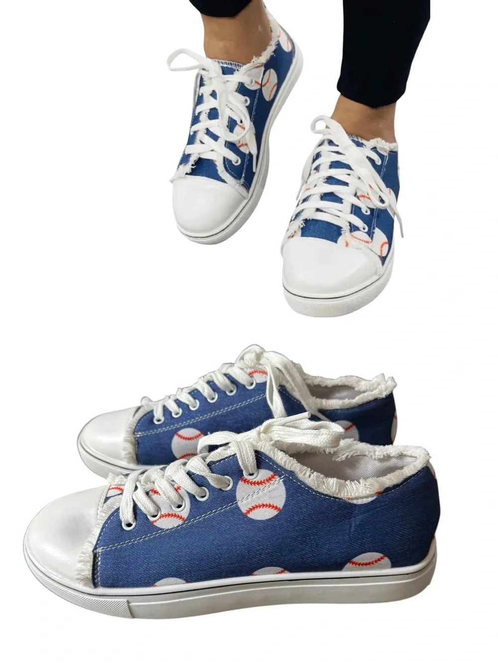 Women’s Canvas Denim Baseball Print Lace Up Sneakers Size 9.5 Blue White NWOT